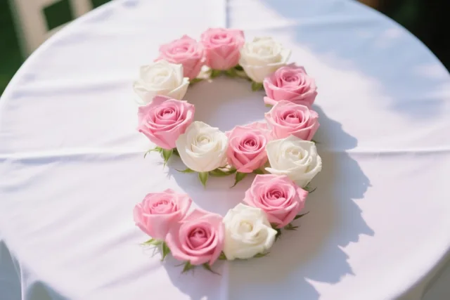 Van bovenaf gezien vormen afwisselend roze en witte rozen een 9 op een wit tafelkleed met zachte schaduwen van het zonlicht.
