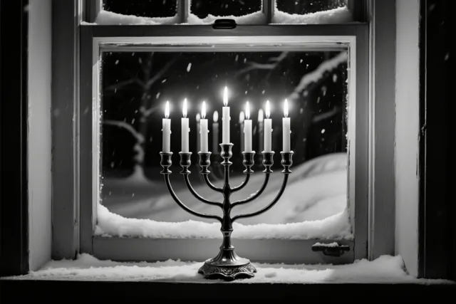 Een zwart-witbeeld toont een brandende negenarmige chanoekia op een besneeuwde vensterbank bij nacht, met vallende sneeuw buiten het raam.