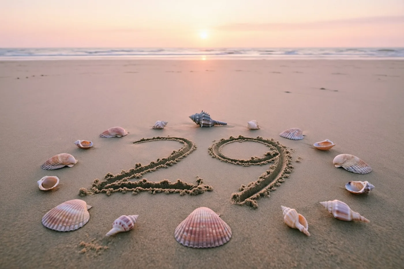Het getal 29 is in het strandzand getekend tussen schelpen bij zonsondergang in warme roze en oranje tinten.