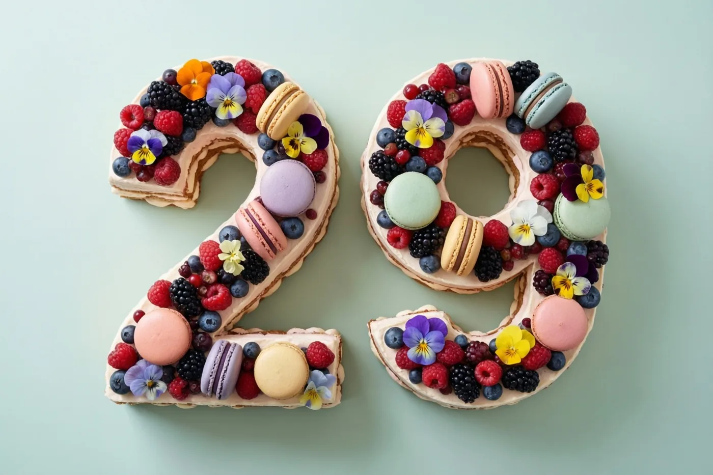 Een taart in de vorm van 29 met bessen, macarons en eetbare bloemen staat tegen een effen lichtgroene achtergrond, met roze, blauwe en rode versieringen.
