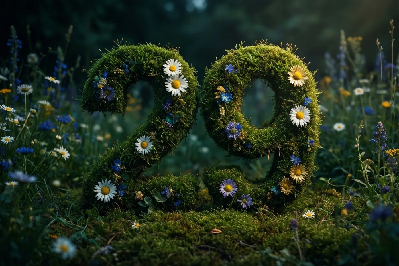 Een met mos begroeide groene haag vormt het getal 29 en is versierd met madeliefjes in een landelijke tuin met wilde bloemen in groene, witte en blauwe tinten.