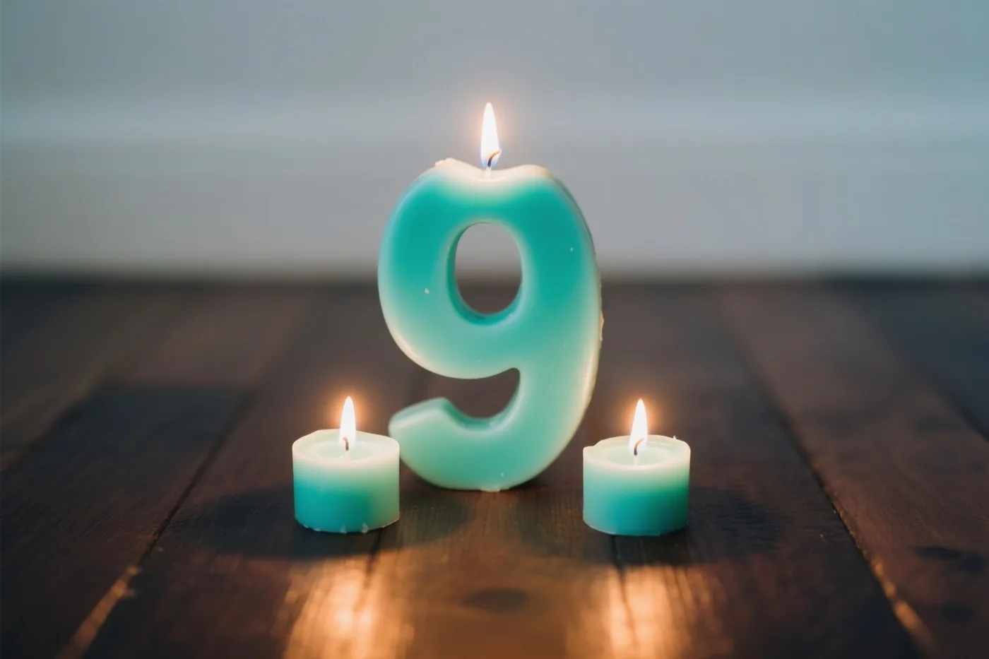 Een brandend theelicht in de vorm van een 9 staat tussen twee kleinere brandende theelichtjes op een donkere houten vloer, met een warme gloed en blauwgroene en bruine tinten.