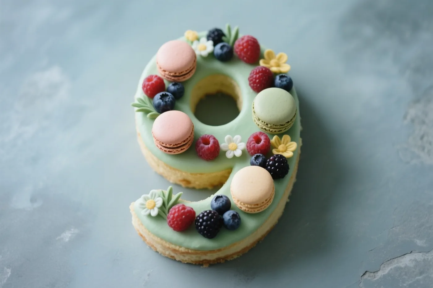 Een taart in de vorm van een 9 met frambozen, blauwe bessen, bramen, macarons en eetbare bloemen ligt op een lichtblauwgrijs oppervlak met structuur.