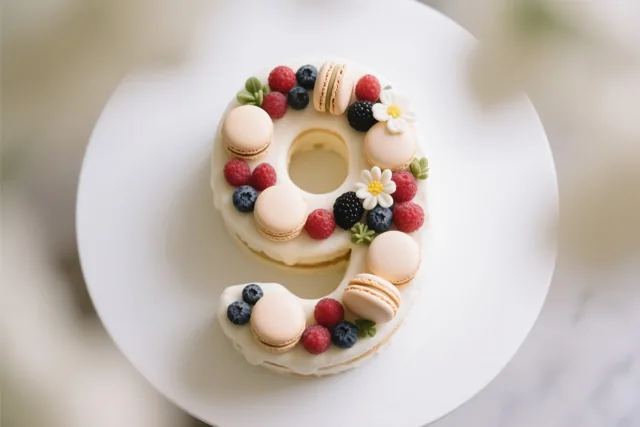 Een taart in de vorm van een 9, versierd met frambozen, blauwe bessen, bramen, macarons en eetbare witte bloemen, ligt op een wit bord tegen een lichte, onscherpe achtergrond.
