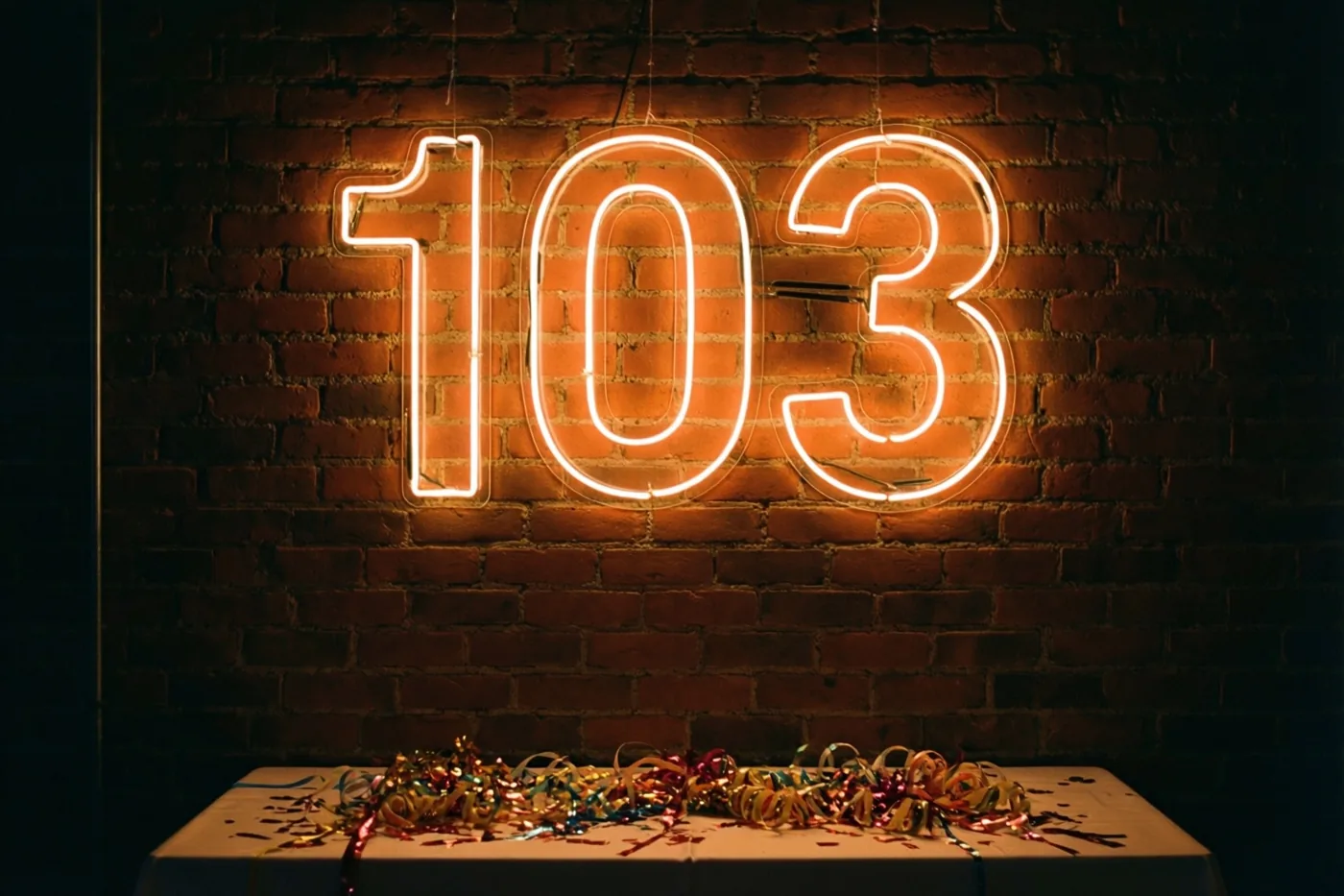 Een gloeiend neonbord met 103 hangt aan een donkere bakstenen muur boven een tafel met kleurrijke slingers in warm oranje en rood licht.