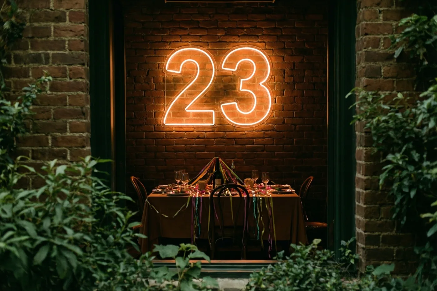 Een neonbord met 23 hangt aan een bakstenen muur boven een gedekte feesttafel met slingers, met groene bladeren rondom het tafereel.