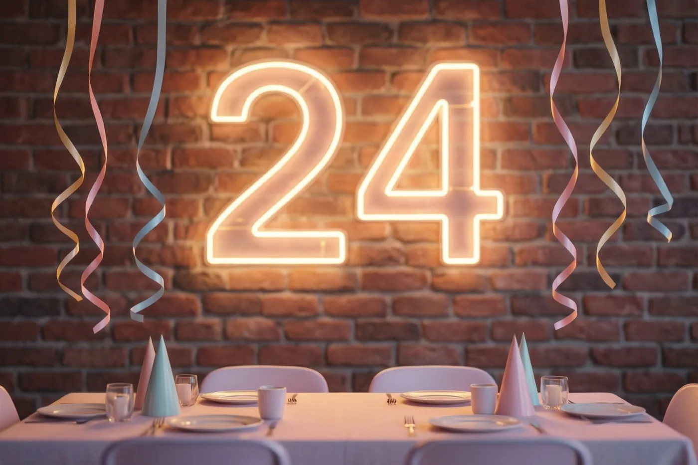 Een groot neongetal 24 hangt aan een bakstenen muur boven een gedekte feesttafel met hangende slingers, in roze, blauwe en gouden tinten.