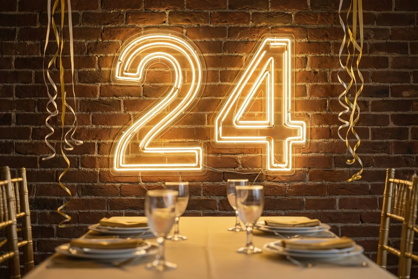 Een warm lichtgevend neonbord met 24 hangt aan een bakstenen muur boven een gedekte feesttafel met gouden en zilveren slingers.
