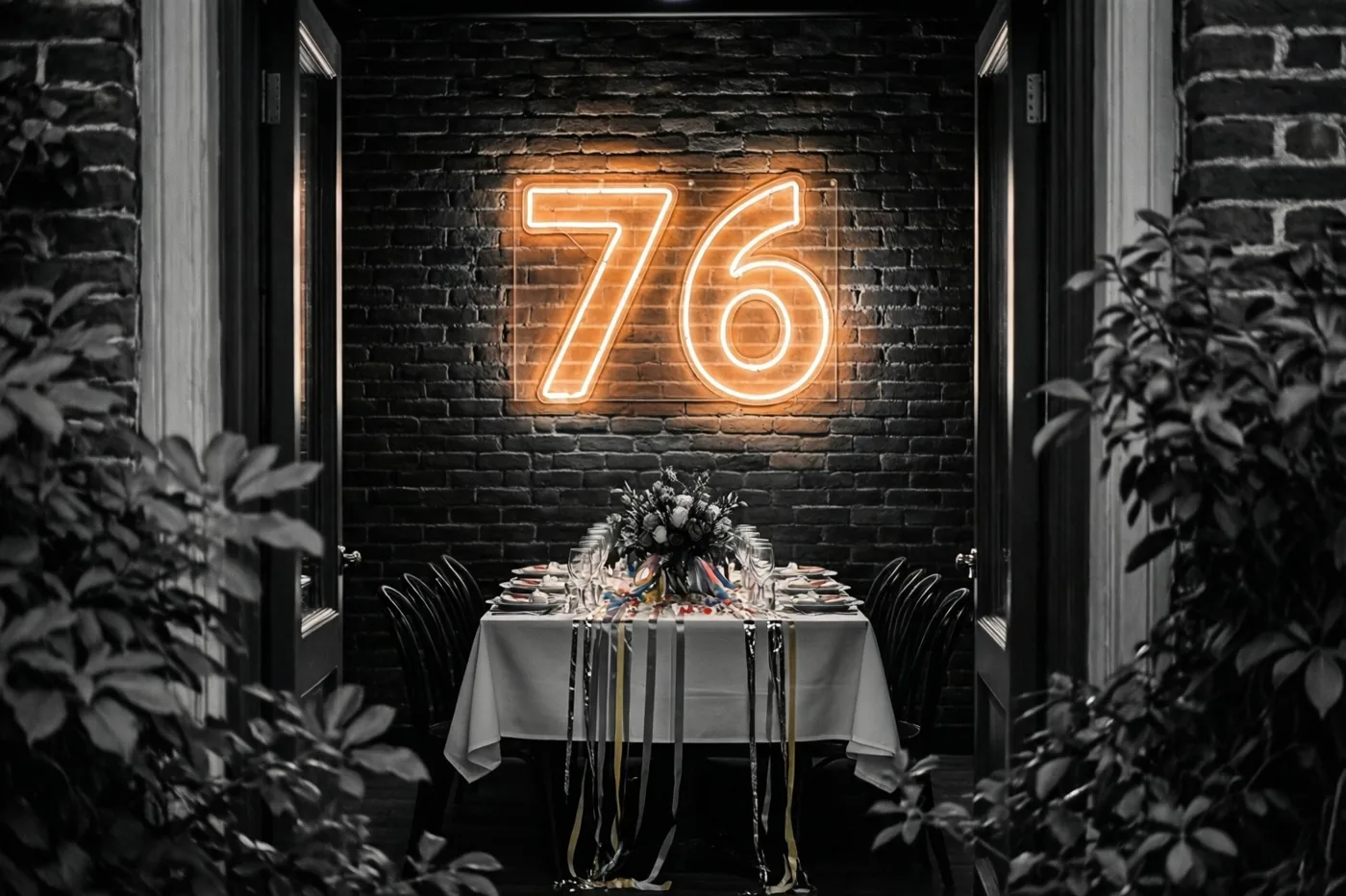Een warm verlicht neongetal 76 hangt aan een donkere bakstenen muur boven een gedekte feesttafel, omkaderd door bladeren en deuropeningen.