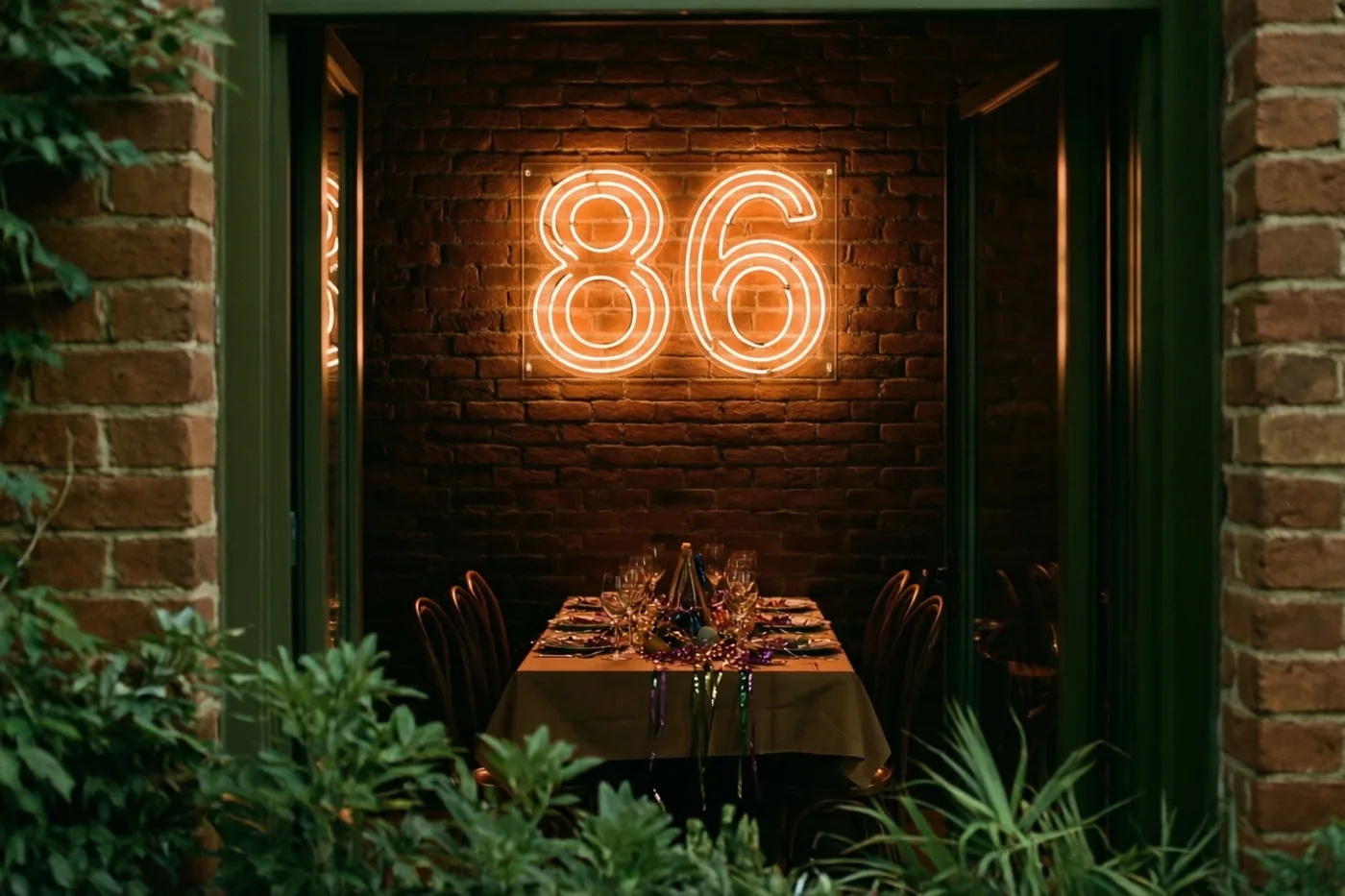 Een warm verlichte neon-86 hangt aan een bakstenen muur boven een gedekte feesttafel, omlijst door een deuropening en groen.