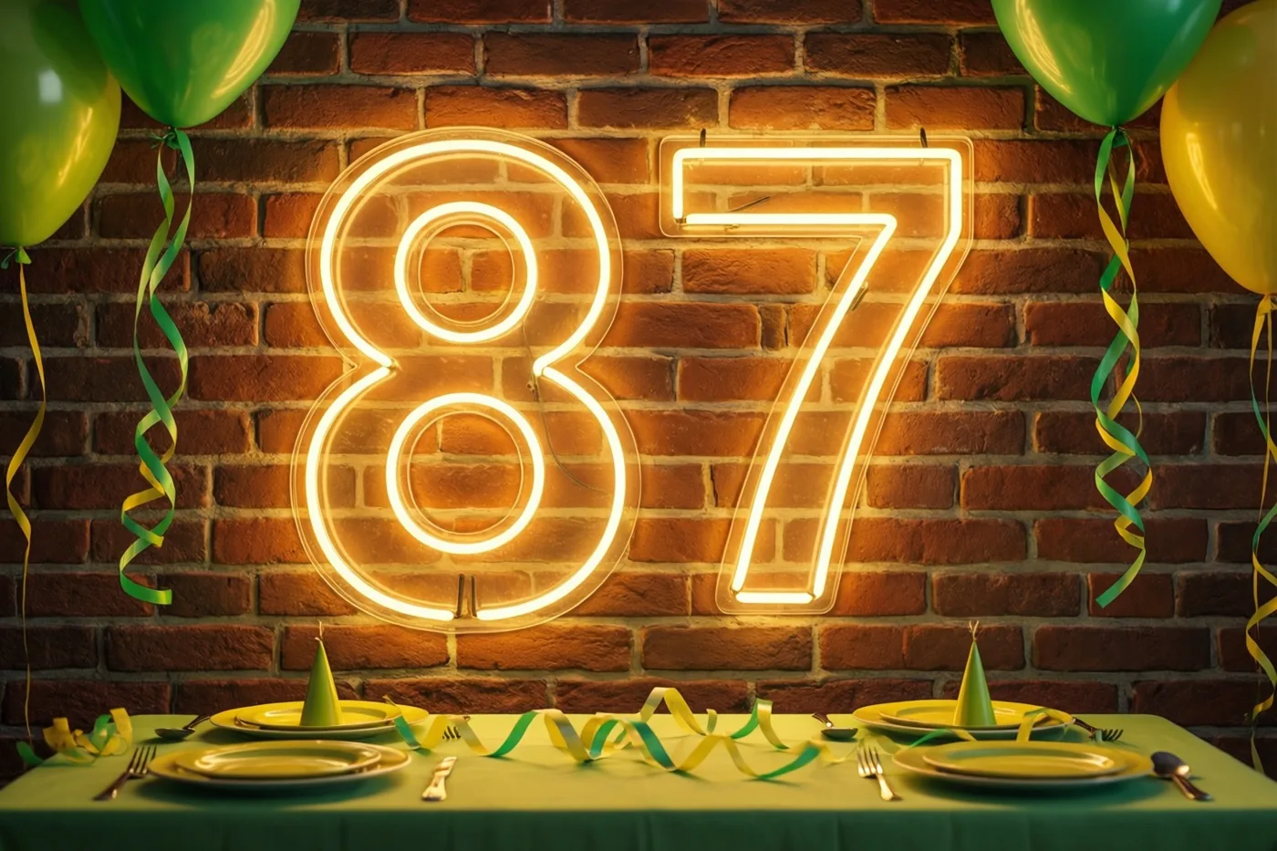 Een warm oplichtend neongetal 87 hangt aan een bakstenen muur boven een feesttafel met borden, slingers en groene en gele ballonnen.
