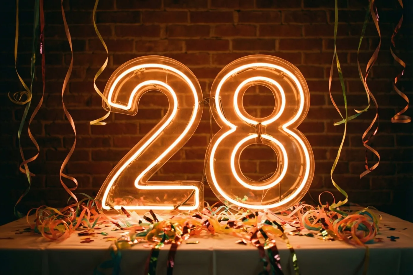 Een lichtgevend neongetal 28 hangt aan een bakstenen muur boven een tafel met kleurrijke slingers in warm oranje en geel licht.