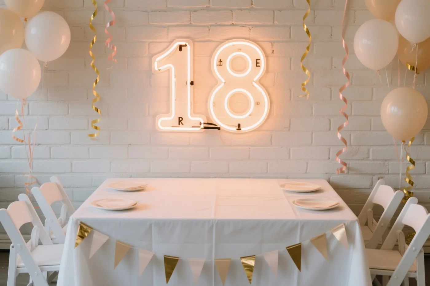 Een neonbord met 18 hangt aan een witte bakstenen muur boven een wit gedekte tafel, met witte ballonnen, goudkleurige en roségouden slingers en een goud-witte vlaggenlijn.