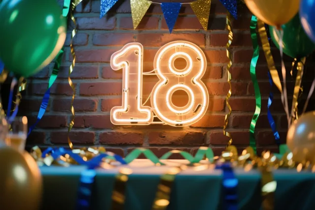 Een lichtgevende neon-18 hangt aan een rode bakstenen muur boven een feesttafel, omringd door groene, blauwe en gouden slingers en ballonnen.