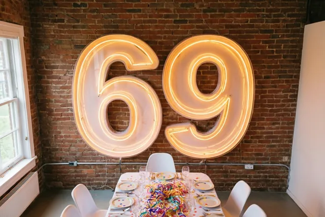 Een groot verlicht neongetal 69 hangt aan een rode bakstenen muur boven een feesttafel met borden, glazen en kleurrijke slingers.
