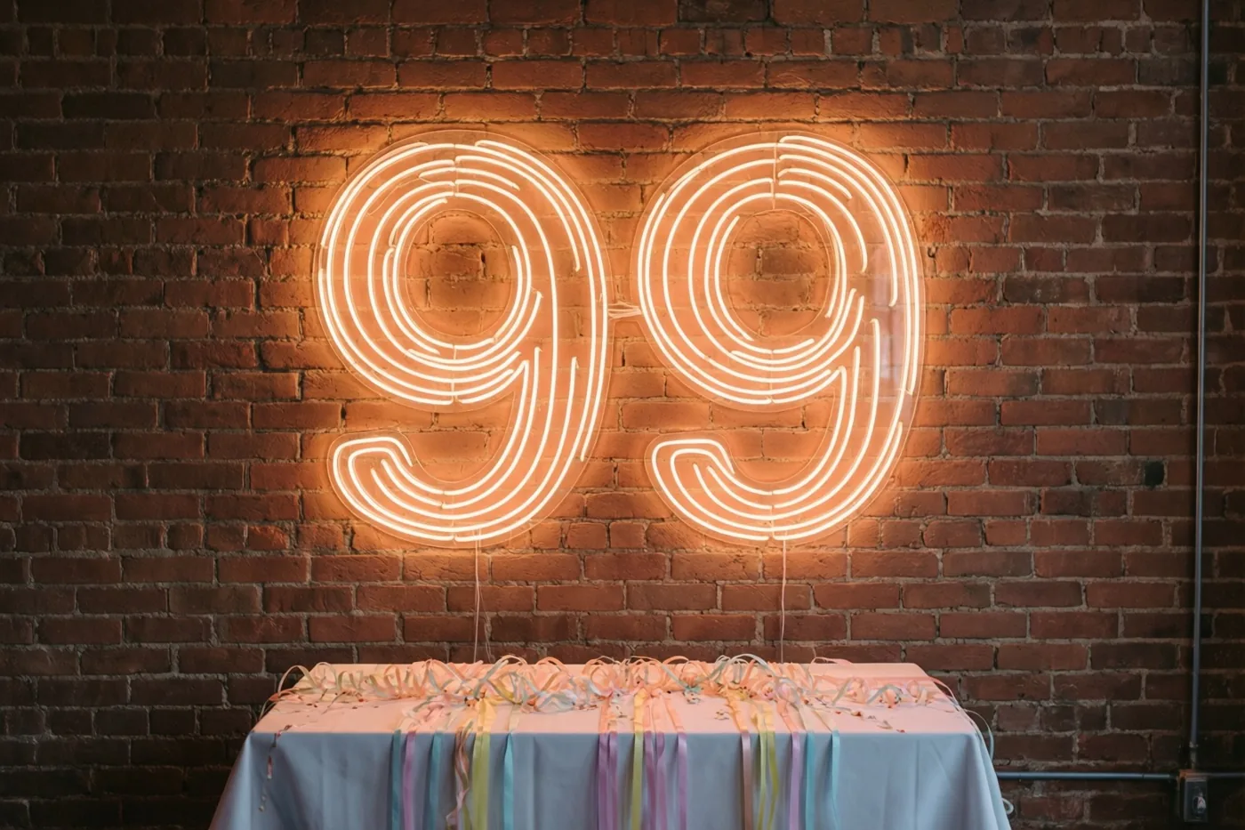 Een neonbord met 99 hangt aan een rode bakstenen muur boven een tafel met een lichtblauw kleed en kleurrijke slingers in warm licht.