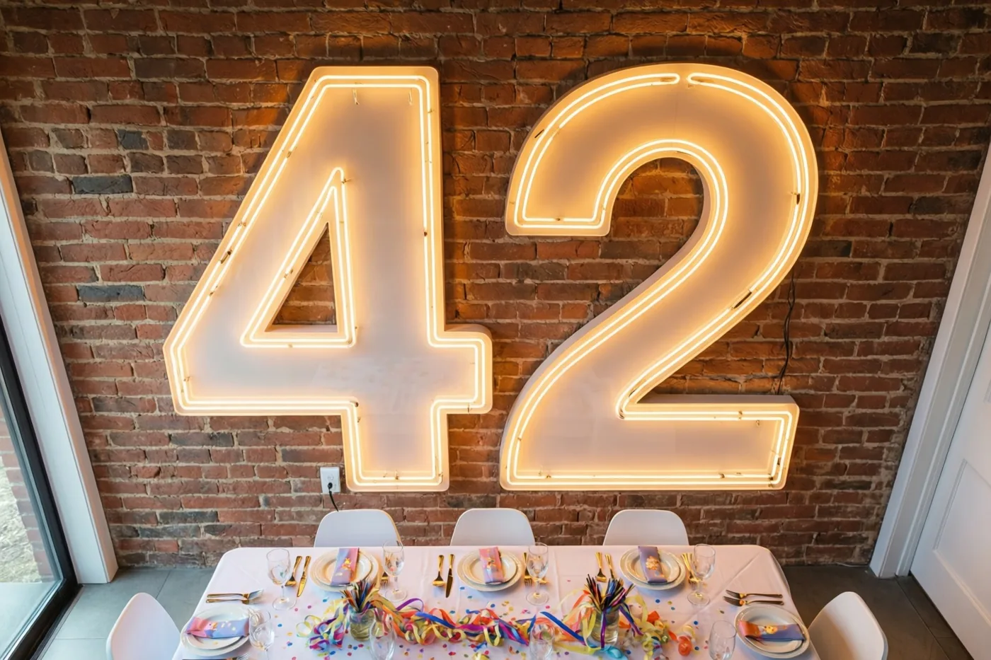 Een groot neongetal 42 verlicht een rode bakstenen muur boven een feestelijk gedekte tafel met kleurrijke slingers en confetti.