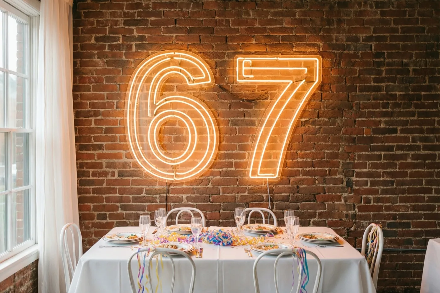 Een groot neongetal 67 verlicht een bakstenen muur boven een feesttafel met slingers.