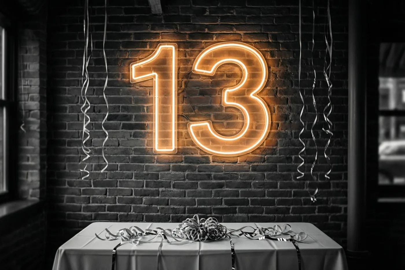 Een groot neongetal 13 geeft warm licht boven een tafel met een wit kleed en zilveren slingers tegen een donkere bakstenen muur.