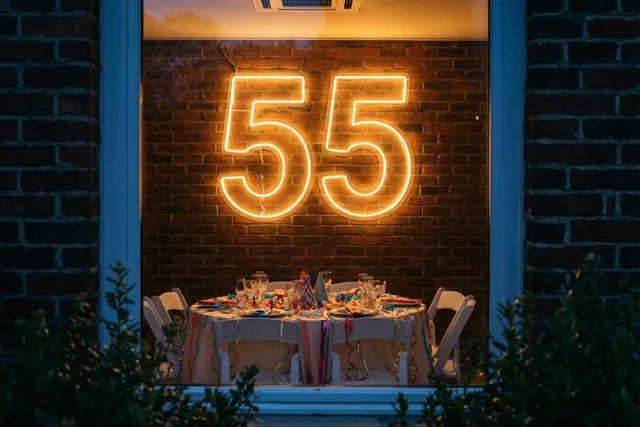 Door een raam is een bakstenen muur met een lichtgevend neongetal 55 boven een versierde feesttafel te zien, in warme oranje en gele tinten.