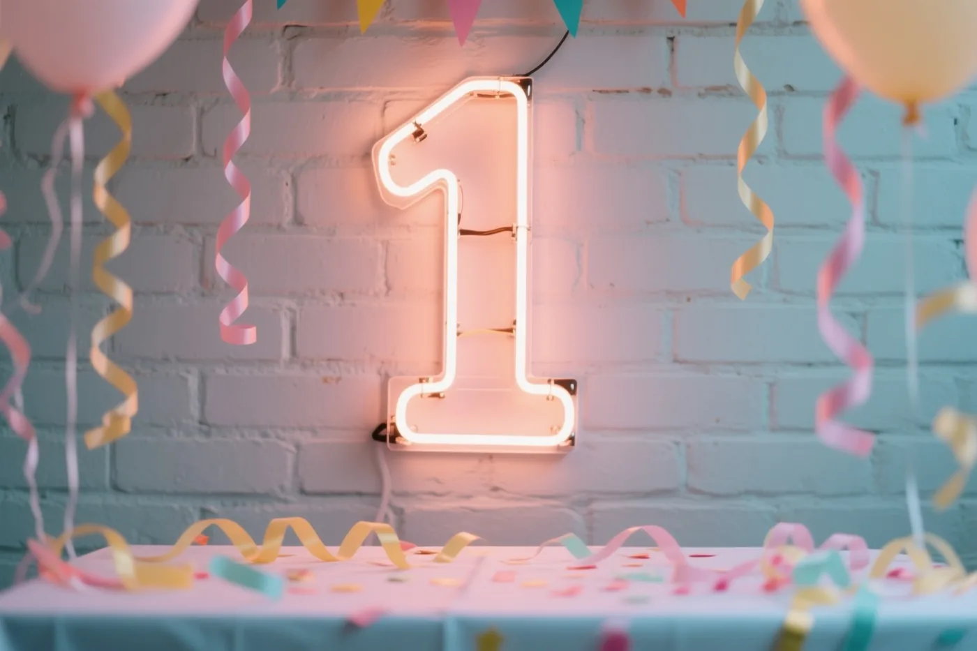 Een lichtgevende neon-1 hangt op een witte bakstenen muur boven een tafel met slingers en confetti, omringd door ballonnen en kleurrijke versiering.