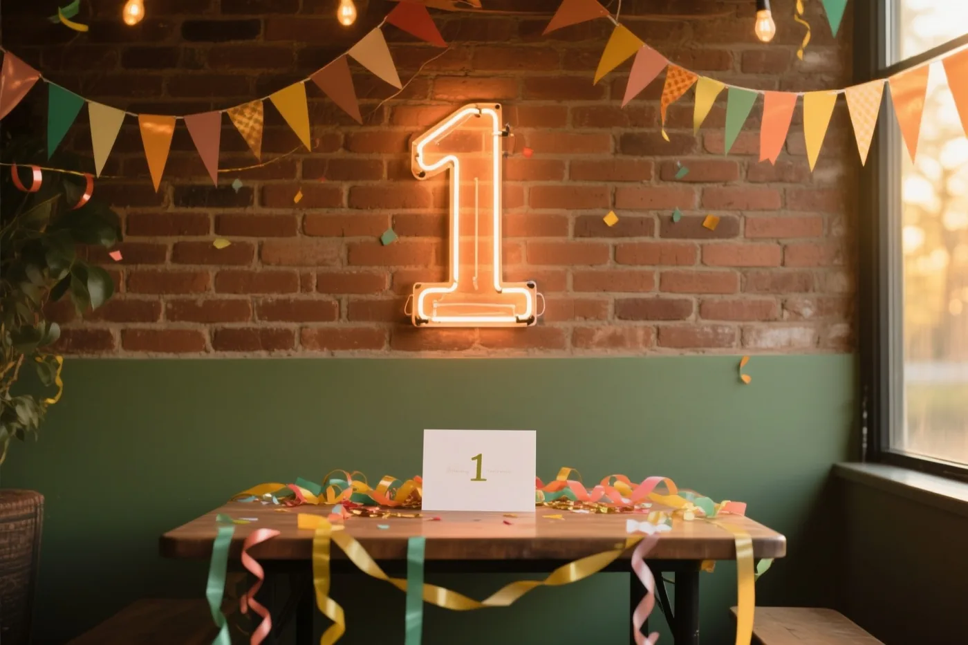 Een warm verlichte neon-1 hangt aan een bakstenen muur boven een houten tafel met kleurrijke slingers, onder vlaggetjes en lichtsnoeren.