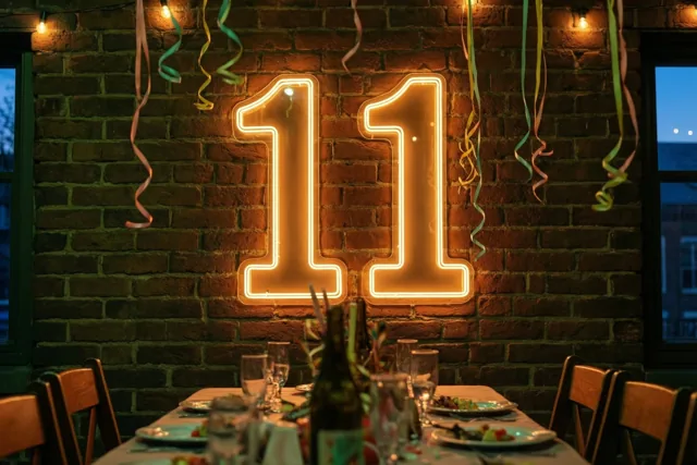 Een warm verlicht neongetal 11 hangt aan een bakstenen muur boven een gedekte feesttafel, met slingers en lichtsnoeren eromheen.