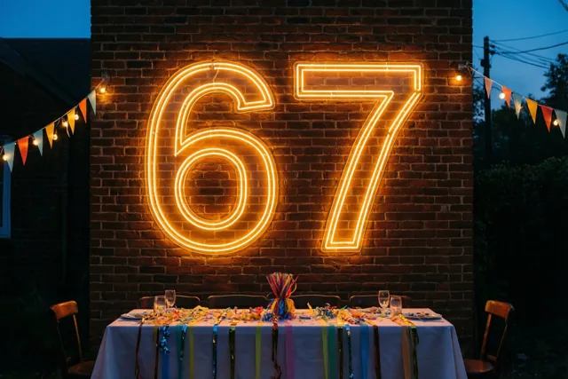 Een neongetal 67 hangt boven een versierde feesttafel tegen een bakstenen buitenmuur, met lichtslingers en vlaggetjes in de schemering.
