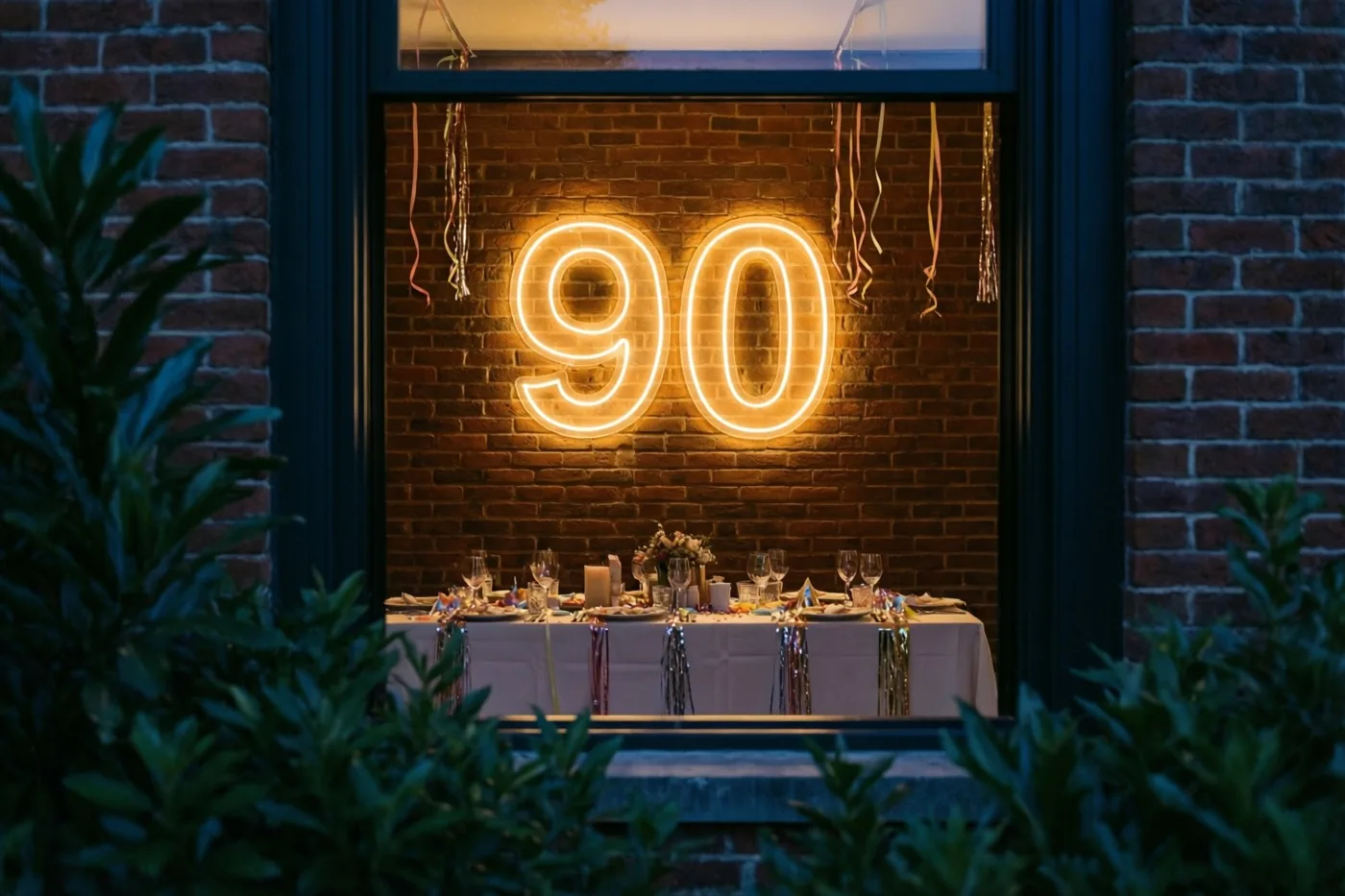 Door een raam is een lichtgevend neongetal 90 op een bakstenen muur boven een versierde feesttafel te zien, met donkergroen blad op de voorgrond.