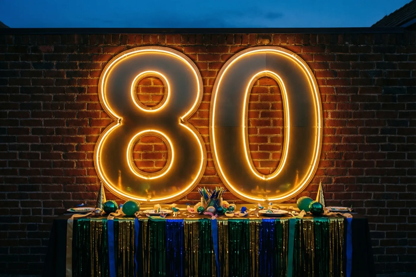 Een grote 80 in warm neonlicht hangt aan een bakstenen muur boven een versierde feesttafel met groen-blauwe slingers, onder een blauwe hemel bij schemering.