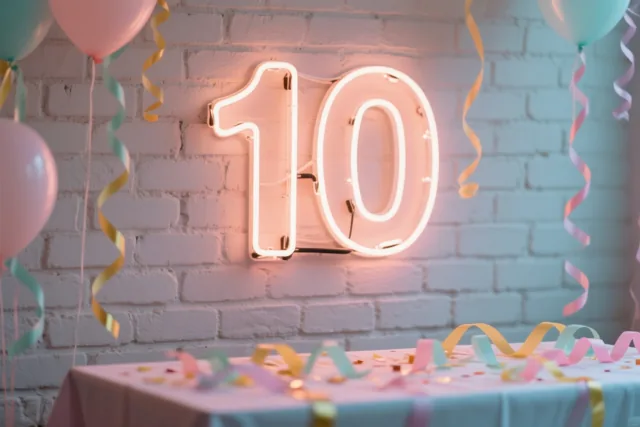 Een lichtgevend neongetal 10 hangt aan een witte bakstenen muur boven een feesttafel met slingers, omringd door ballonnen en slingers in pastelroze, blauw en geel.