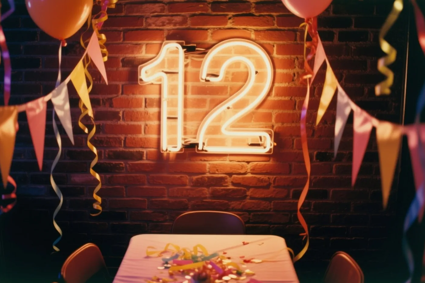 Een warm oplichtend neongetal 12 hangt aan een bakstenen muur boven een feesttafel met confetti, omringd door ballonnen en kleurrijke slingers.