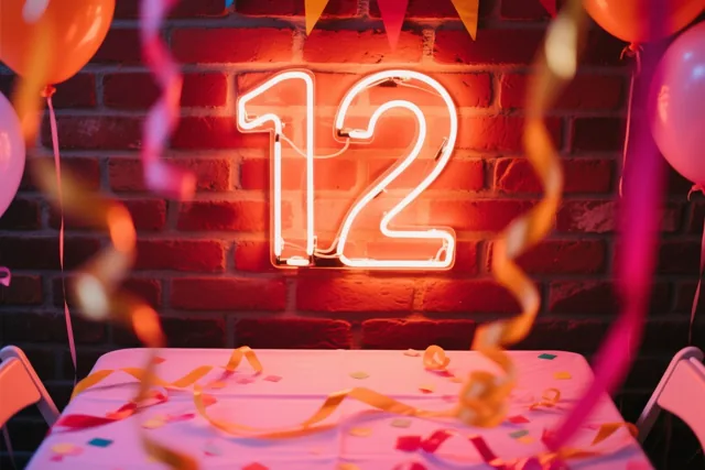 Een neongetal 12 geeft warm licht aan een rode bakstenen muur boven een feesttafel, tussen kleurrijke slingers en ballonnen.