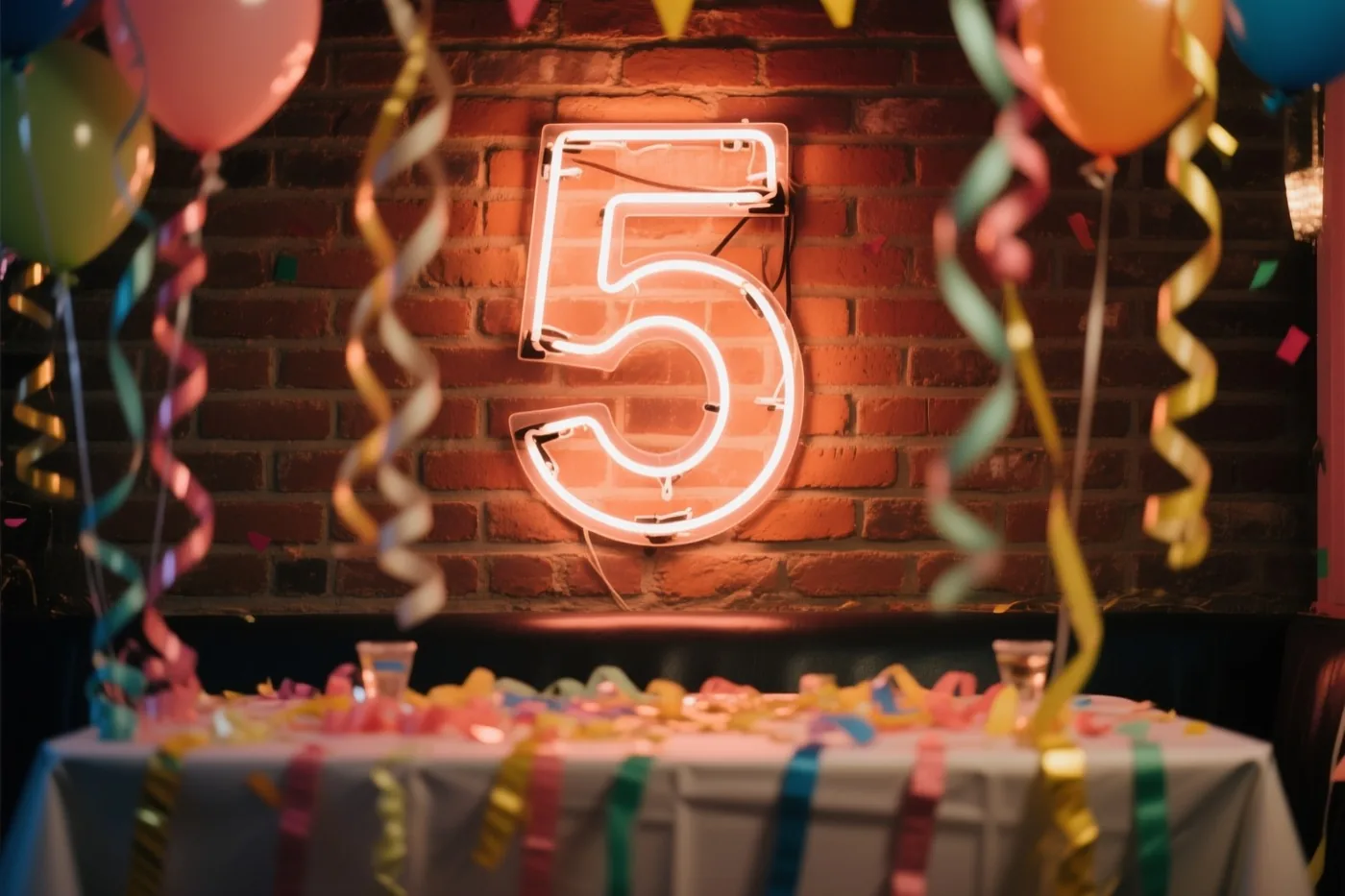 Een lichtgevend neoncijfer 5 hangt aan een rode bakstenen muur boven een feesttafel met kleurrijke slingers en confetti in warm licht.