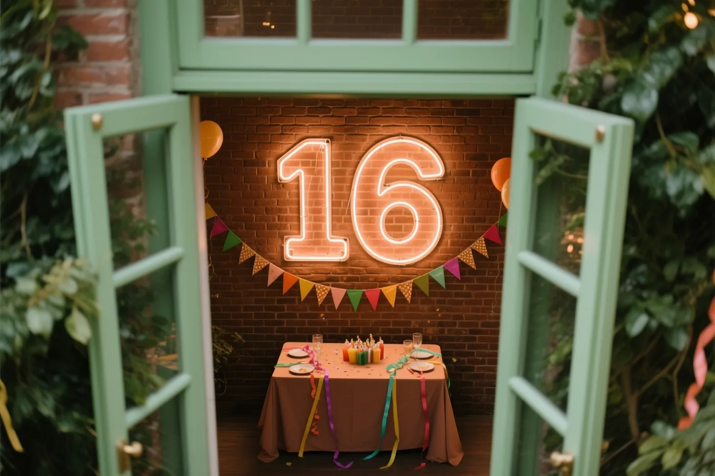 Door een open groen raam is een groot neongetal 16 te zien op een bakstenen muur boven een versierde tafel, met kleurrijke slingers en ballonnen.