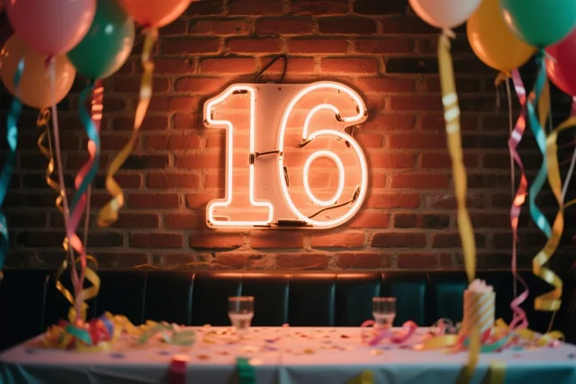 Een gloeiend neongetal 16 hangt aan een rode bakstenen muur boven een feesttafel, omringd door kleurrijke ballonnen en slingers.