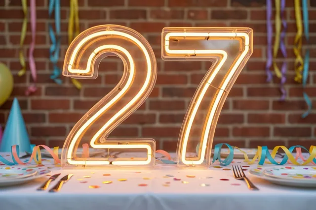 Een lichtgevend neongetal 27 staat op een tafel met confetti en slingers, voor een bakstenen muur in warm geel en oranje licht.
