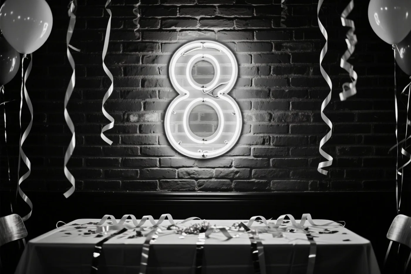 Een zwart-witfoto toont een lichtgevende neonacht aan een bakstenen muur boven een feesttafel met slingers en ballonnen.