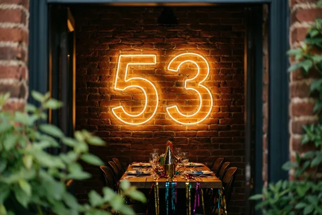 Een warm verlicht neonbord met 53 hangt aan een bakstenen muur boven een versierde feesttafel, met groen gebladerte op de voorgrond.
