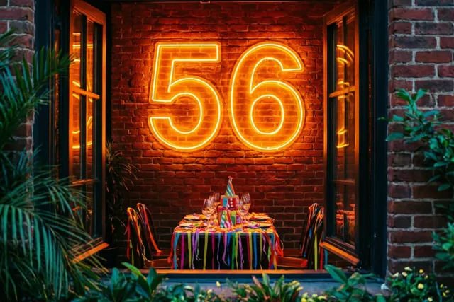 Een neonbord met 56 hangt aan een rode bakstenen muur boven een feesttafel met kleurrijke slingers, in warm oranje avondlicht en omlijst door groen.