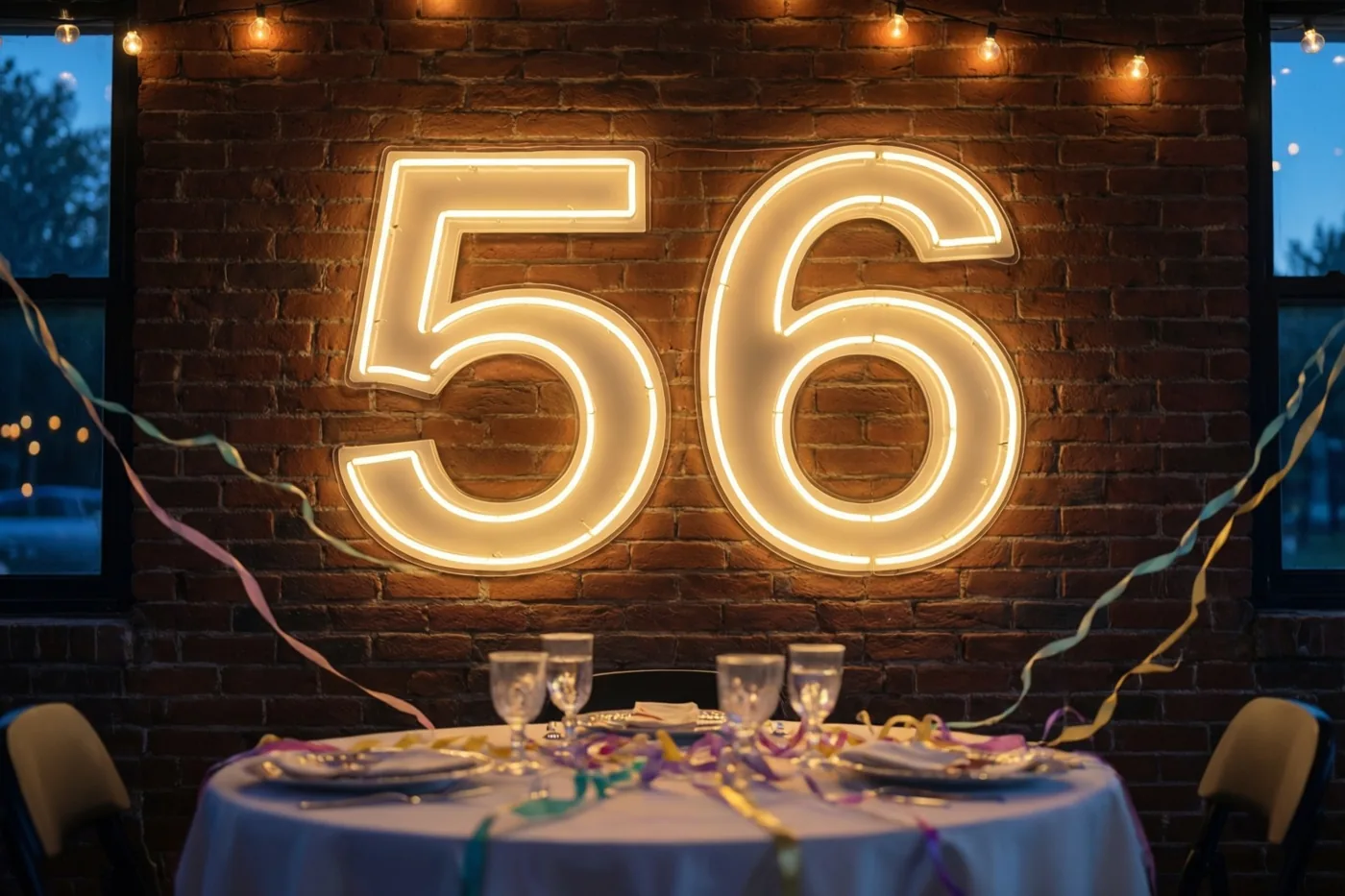 Een groot neonbord met 56 gloeit aan een bakstenen muur boven een versierde feesttafel met lichtslingers en kleurrijke slingers.