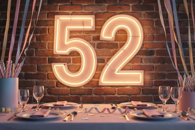 Een feesttafel met servies en gekleurde slingers staat onder een groot neonbord met 52 aan een bakstenen muur in warm licht.
