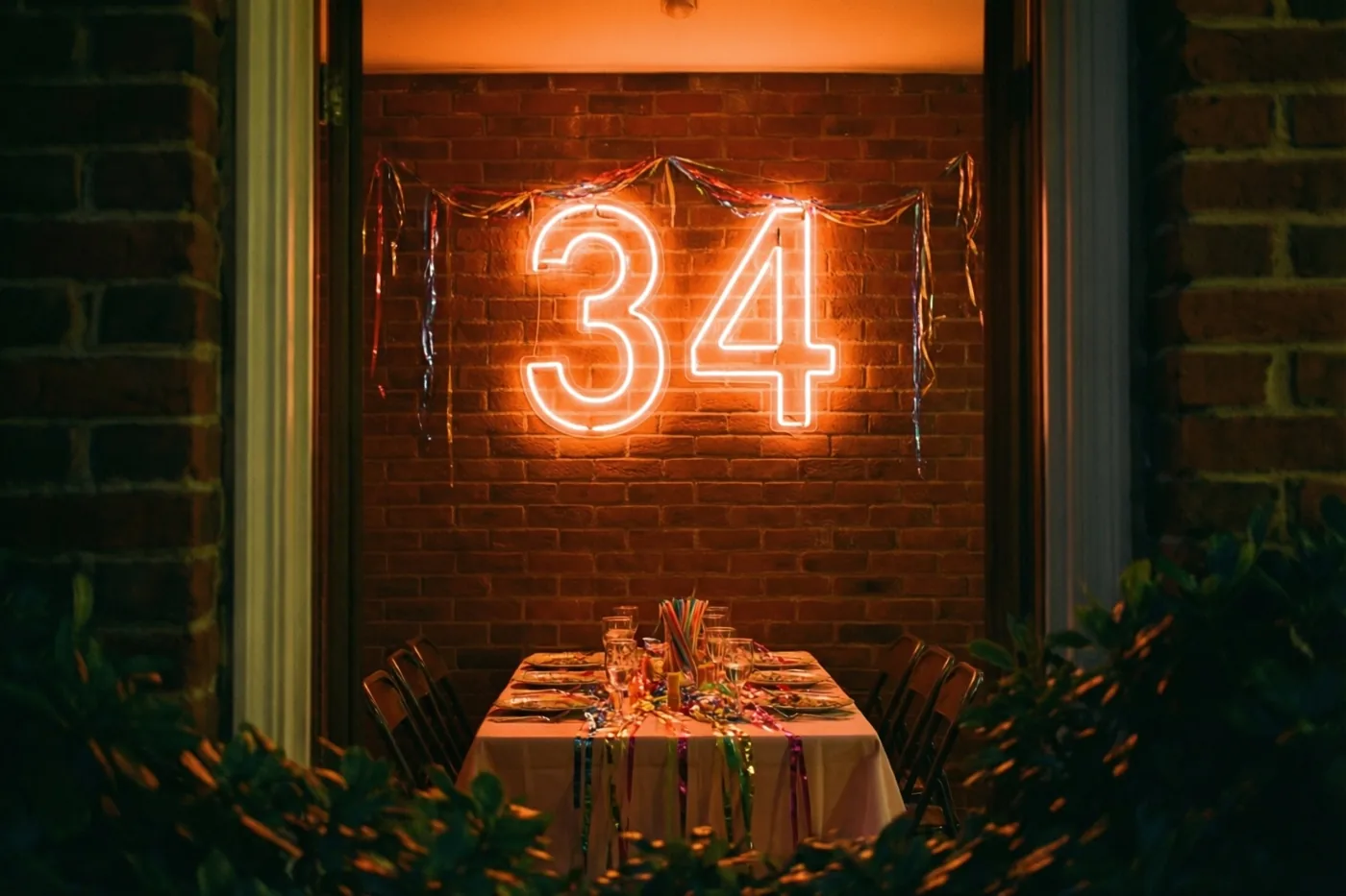 Een warm neoncijfer 34 hangt aan een bakstenen muur boven een feestelijk gedekte tafel, met donkere bladeren op de voorgrond en oranje en rood licht.