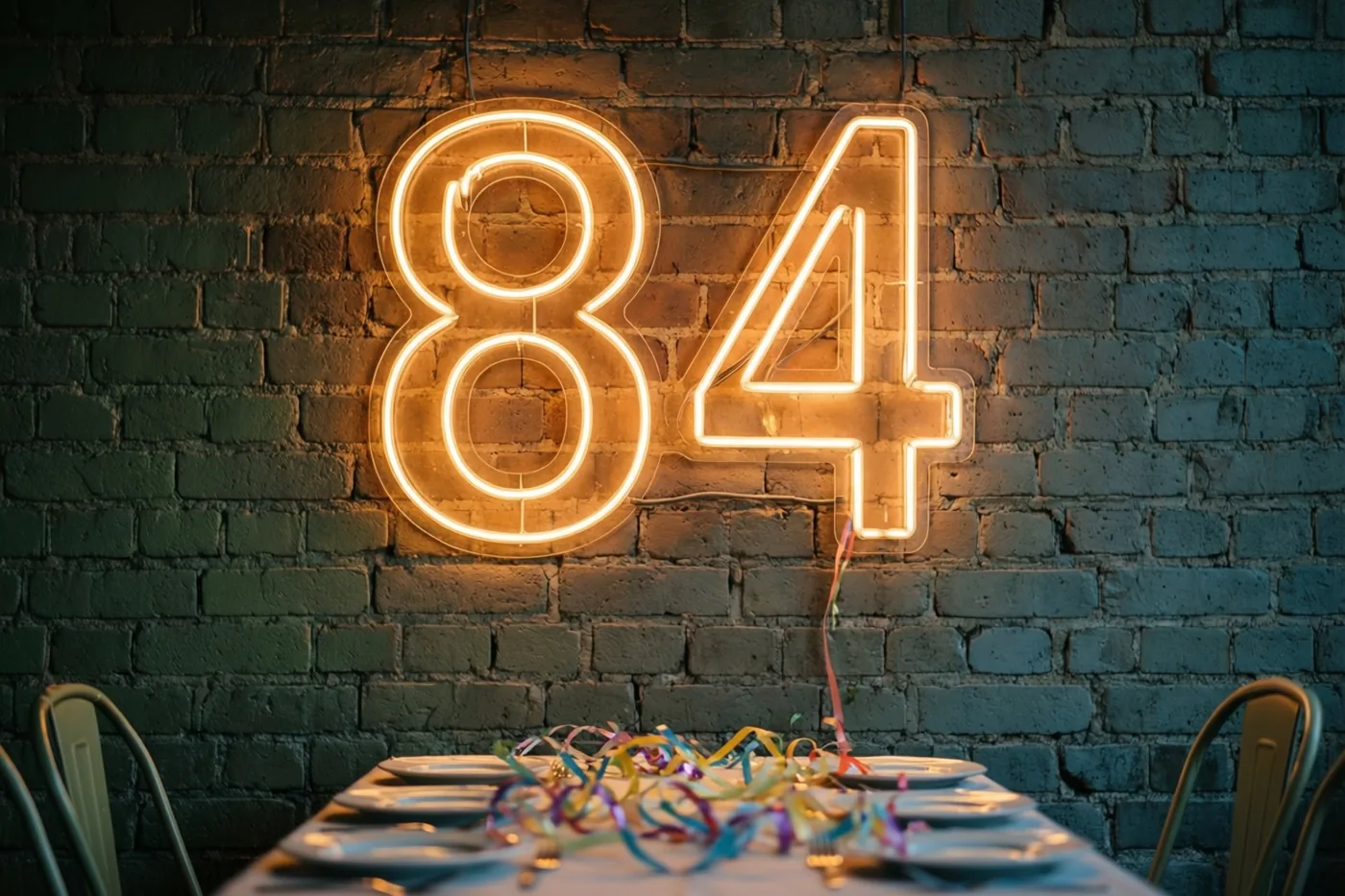 Een warm oplichtende neon-84 hangt aan een donkere bakstenen muur boven een feesttafel met borden en kleurrijke slingers.