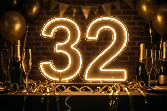 Een neonversiering met 32 hangt aan een bakstenen muur boven een feesttafel met champagneglazen, slingers en ballonnen in warm goudkleurig licht.