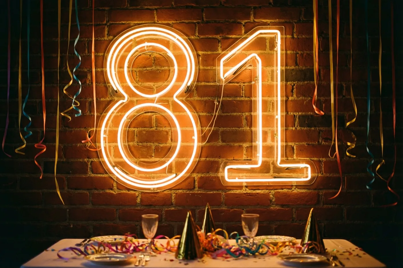 Een neonbord met het getal 81 licht warm op tegen een bakstenen muur boven een feesttafel met kleurrijke slingers en feestelijk servies.