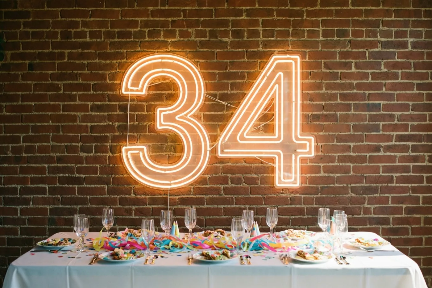 Een warm neoncijfer 34 hangt aan een rode bakstenen muur boven een tafel met een wit tafelkleed, gekleurde slingers en borden met eten.