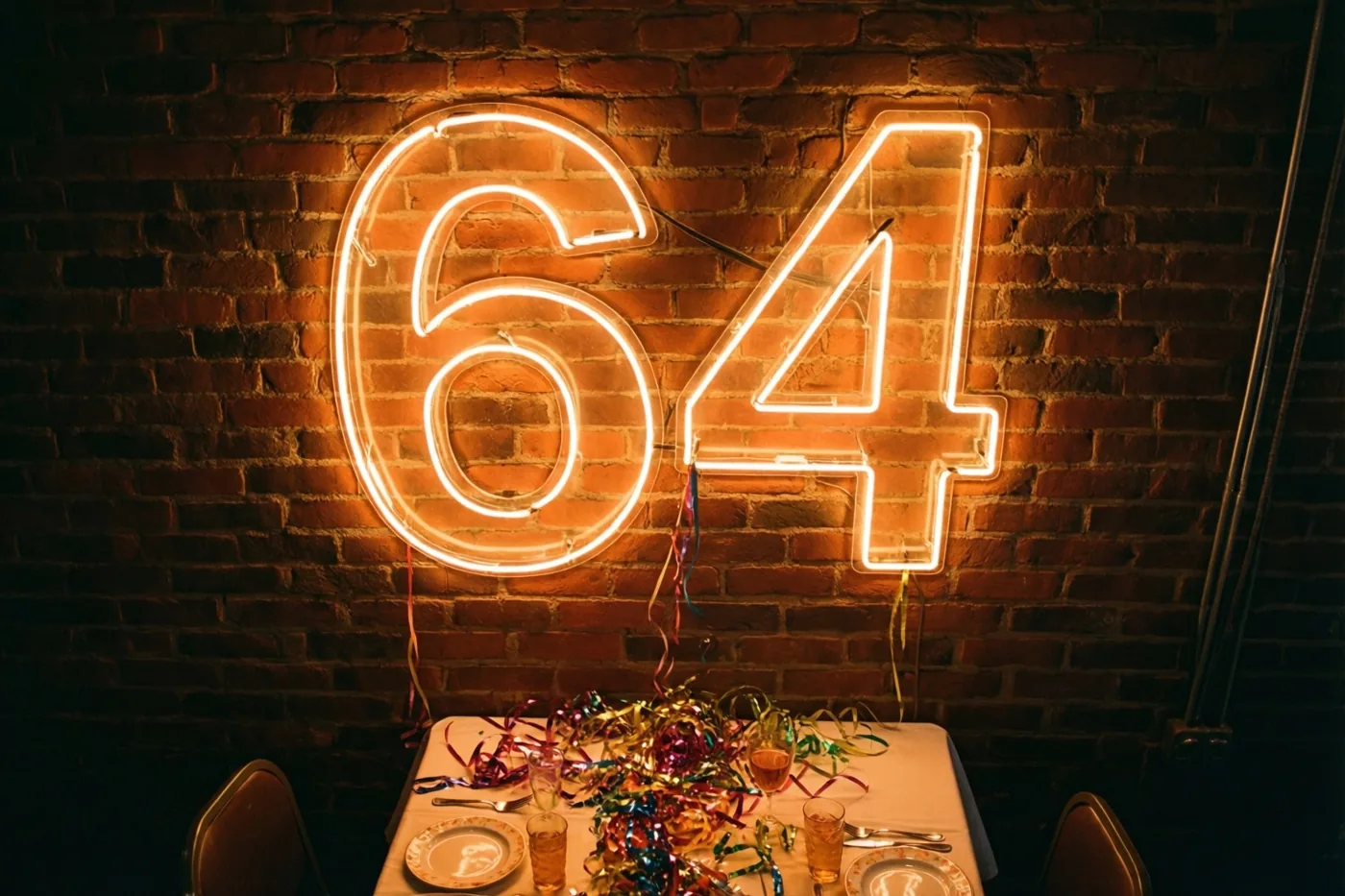 Een groot neonlicht in de vorm van 64 hangt aan een rode bakstenen muur boven een feesttafel met gekleurde serpentines, borden en glazen.