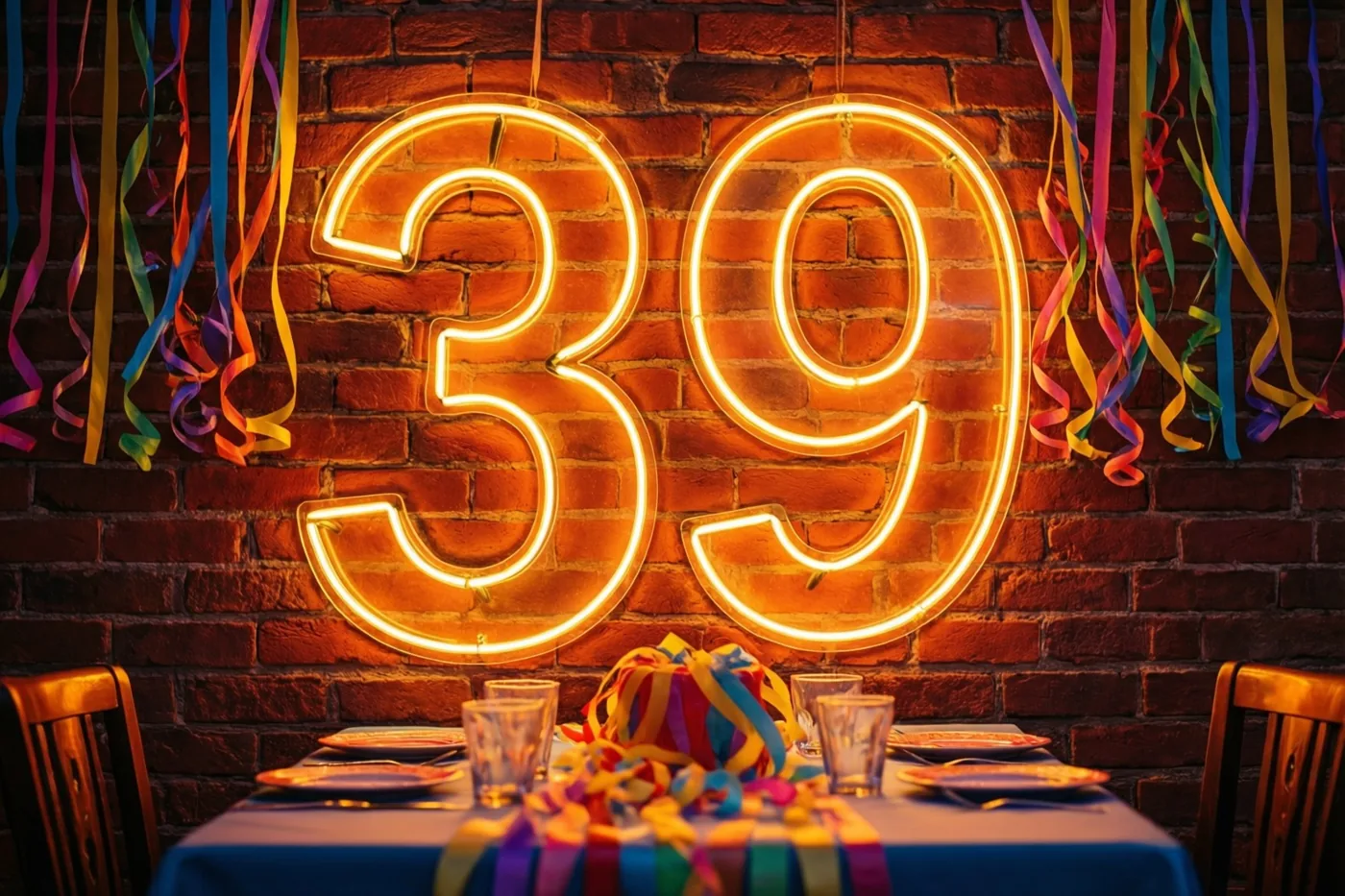 Een groot neongetal 39 gloeit boven een feesttafel met borden en glazen tegen een rode bakstenen muur met kleurrijke slingers.