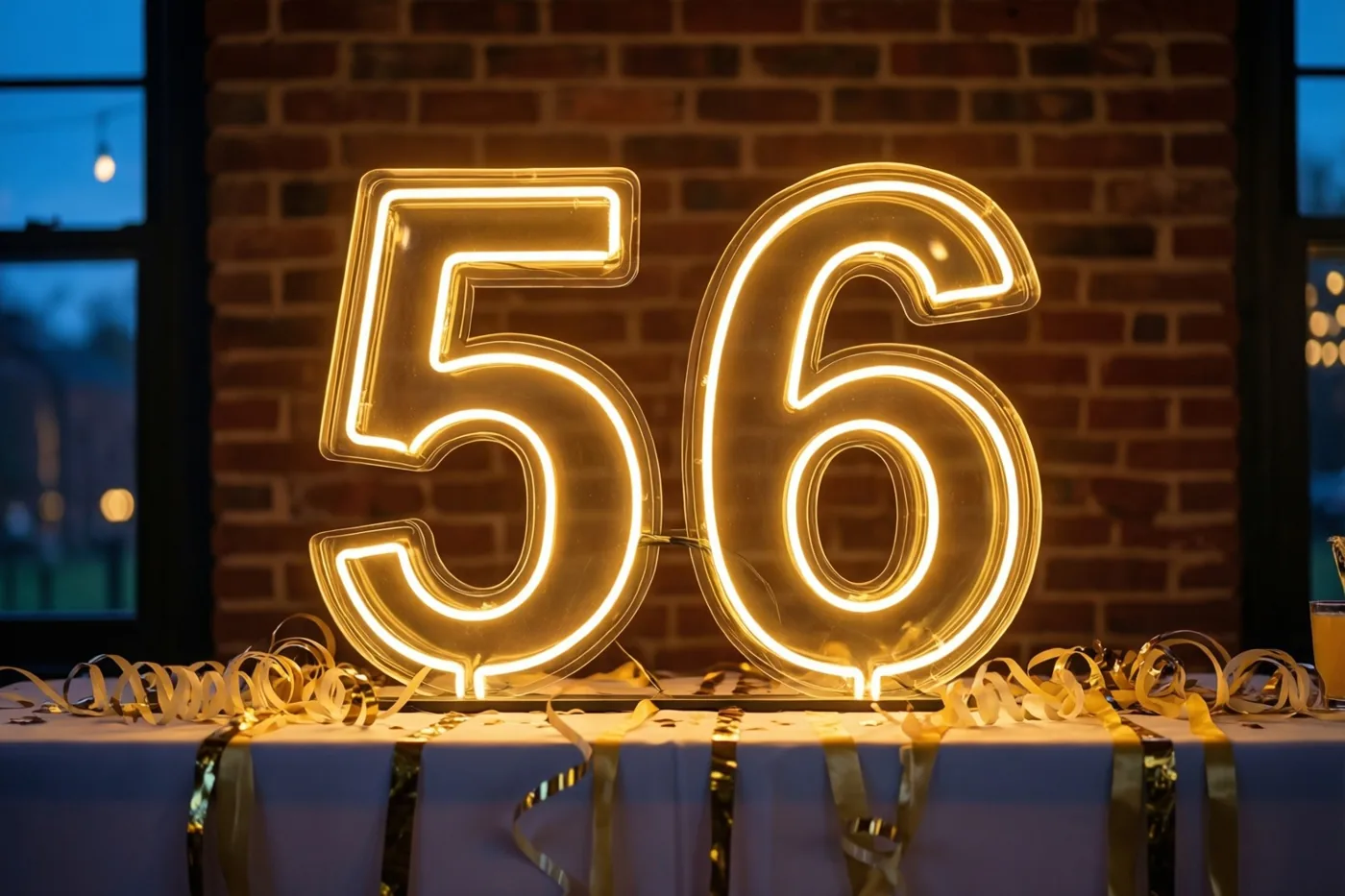 Lichtgevende neoncijfers vormen 56 aan een bakstenen muur boven een feesttafel met gouden slingers en een wit tafelkleed.